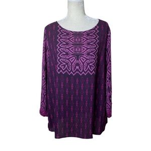 Bob Mackie Wearable Art Purple Print Long Sleeve Tunic Blouse Size Large